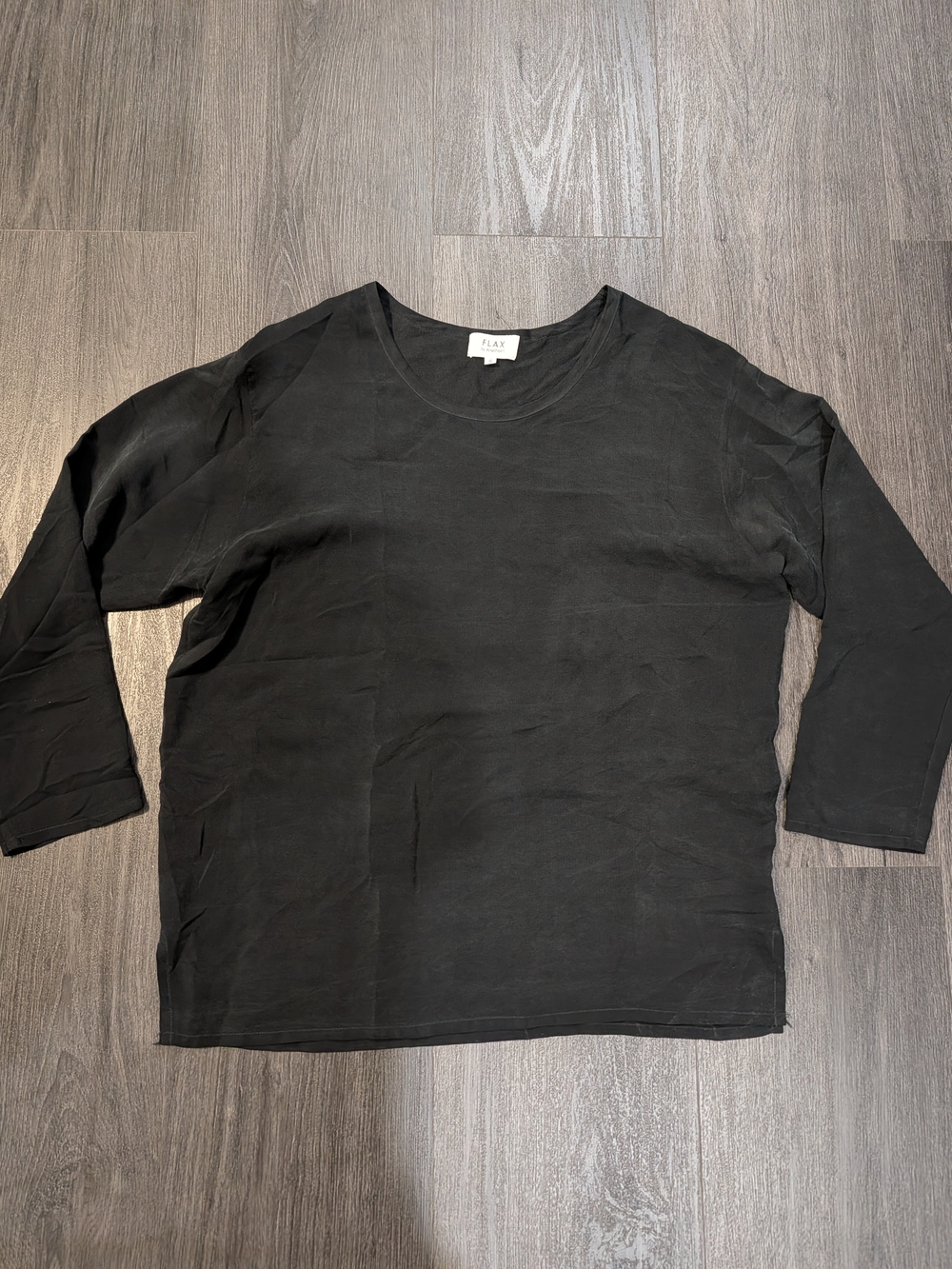 FLAX Womens Size S 100% Silk Black Long Sleeve Lagenlook Top Oversized Minimal